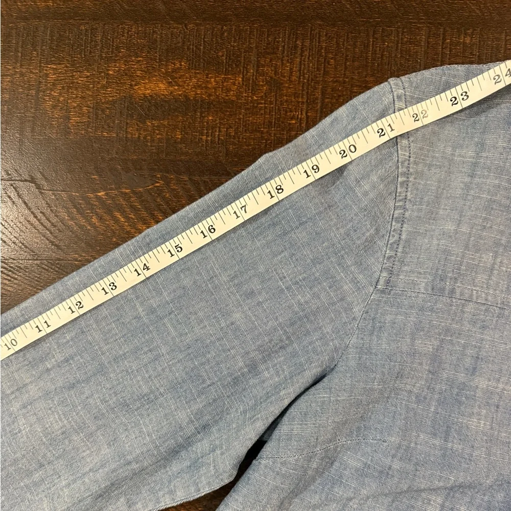 J.Crew Chambray Funnel Neck Top Blue Button Shoulder High-Low Hem Size 8